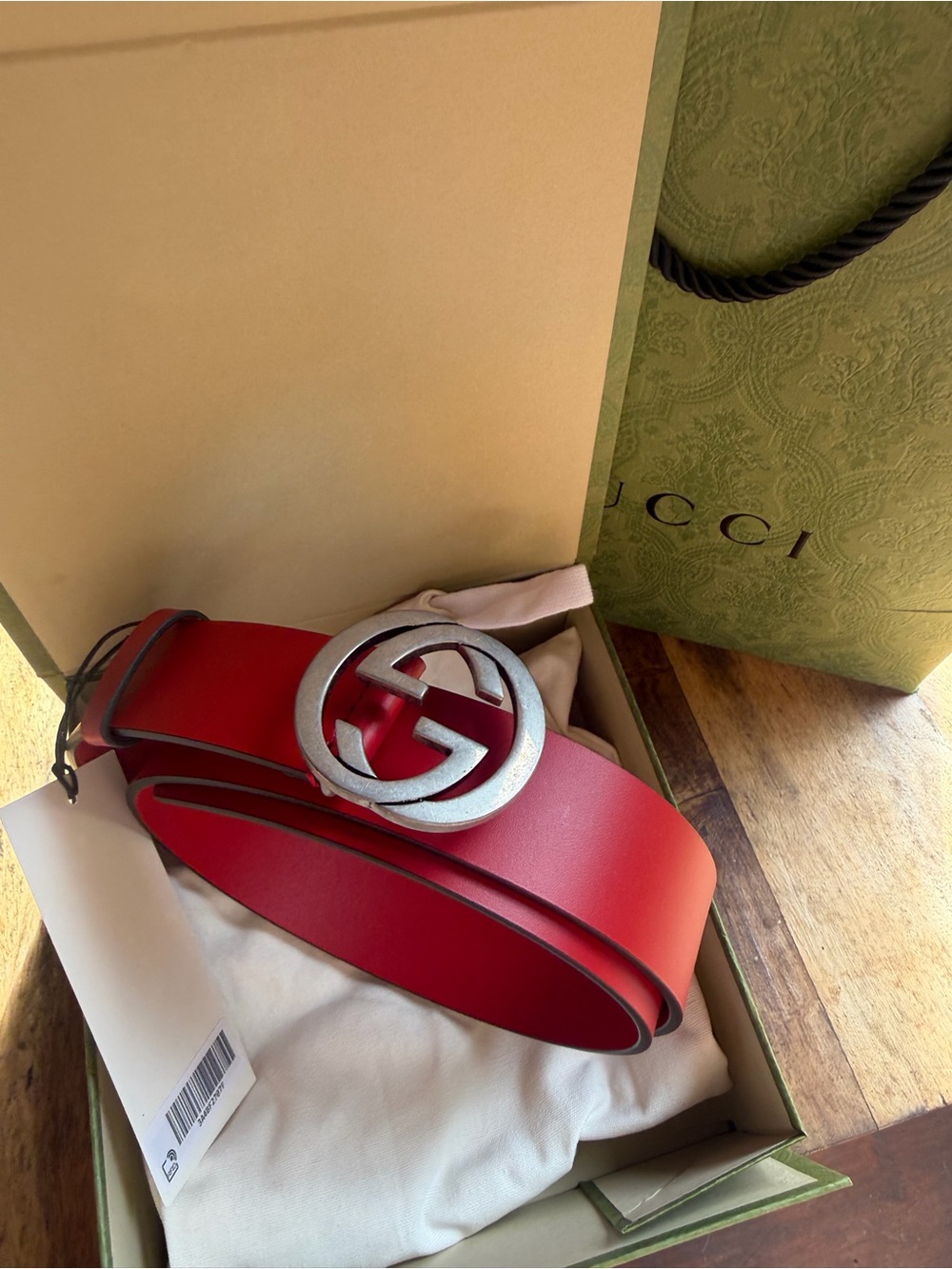 Gucci Men's Red Leather Belt with Silver Interlocking G Buckle